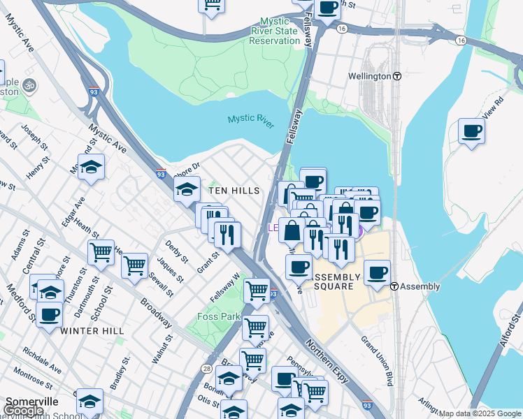 map of restaurants, bars, coffee shops, grocery stores, and more near 46 Ten Hills Road in Somerville