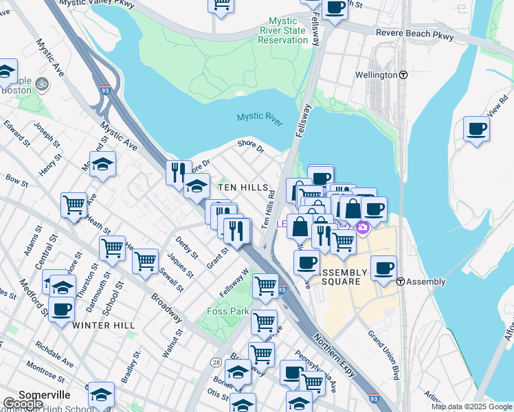 map of restaurants, bars, coffee shops, grocery stores, and more near 22 Puritan Road in Somerville