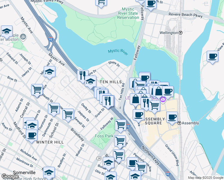 map of restaurants, bars, coffee shops, grocery stores, and more near 22 Puritan Road in Somerville