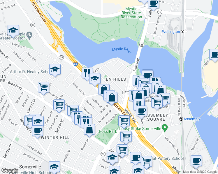 map of restaurants, bars, coffee shops, grocery stores, and more near 67 Bailey Road in Somerville