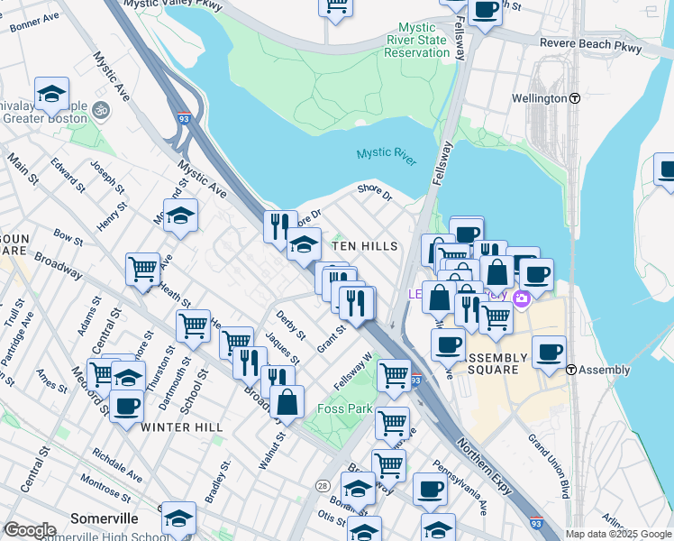 map of restaurants, bars, coffee shops, grocery stores, and more near 67 Bailey Road in Somerville