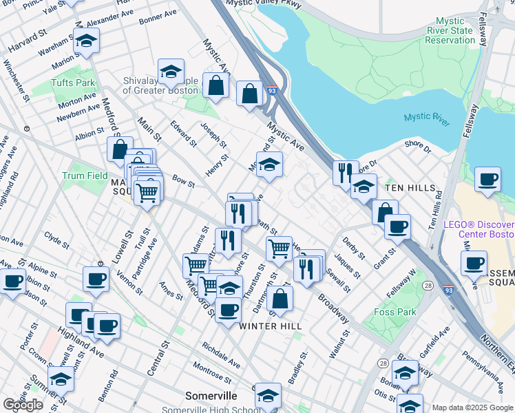 map of restaurants, bars, coffee shops, grocery stores, and more near 107 Heath Street in Somerville