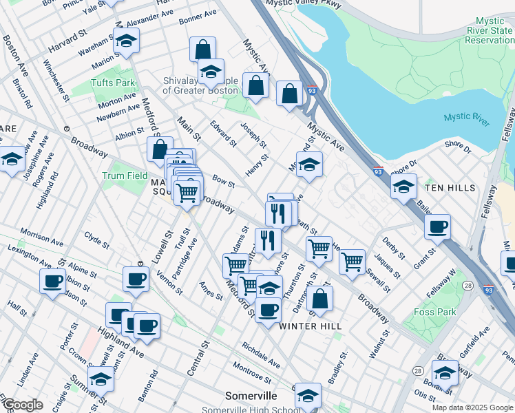 map of restaurants, bars, coffee shops, grocery stores, and more near 33 Main Street in Somerville