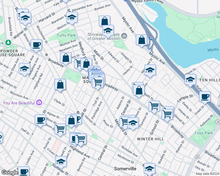map of restaurants, bars, coffee shops, grocery stores, and more near 112 Glenwood Road in Somerville
