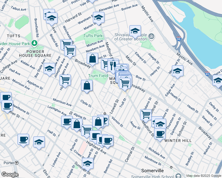 map of restaurants, bars, coffee shops, grocery stores, and more near in Somerville