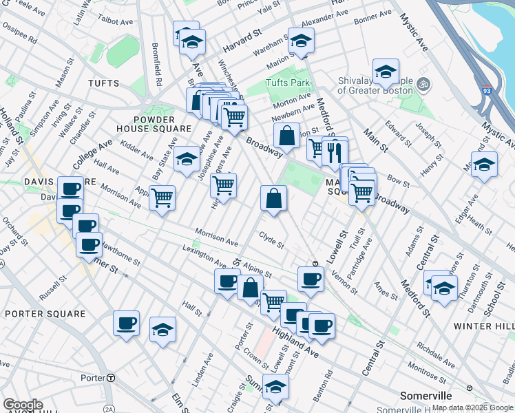 map of restaurants, bars, coffee shops, grocery stores, and more near 48 Boston Avenue in Somerville
