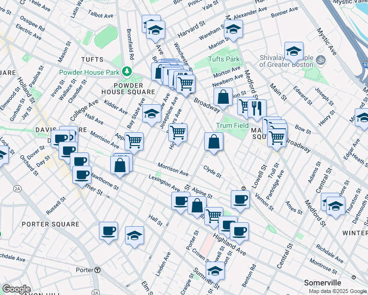 map of restaurants, bars, coffee shops, grocery stores, and more near 40 Pearson Avenue in Somerville