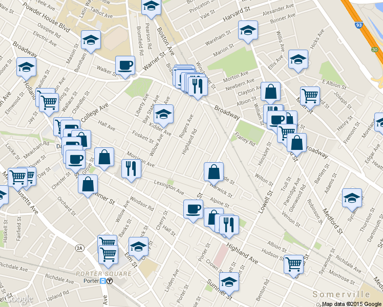 map of restaurants, bars, coffee shops, grocery stores, and more near 40 Pearson Avenue in Somerville