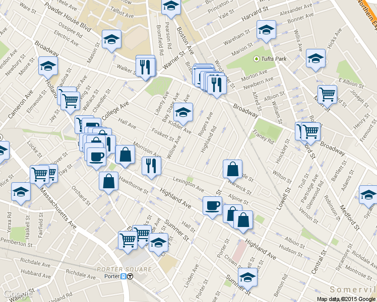 map of restaurants, bars, coffee shops, grocery stores, and more near 19 Rogers Avenue in Somerville
