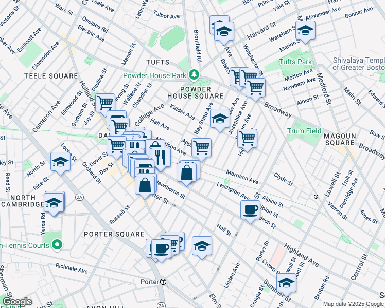 map of restaurants, bars, coffee shops, grocery stores, and more near 125 Morrison Avenue in Somerville
