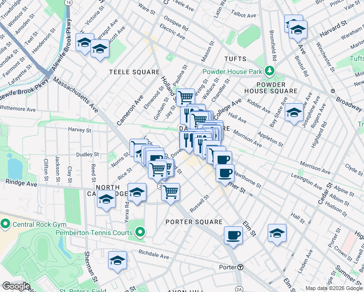 map of restaurants, bars, coffee shops, grocery stores, and more near 88 Dover Street in Somerville