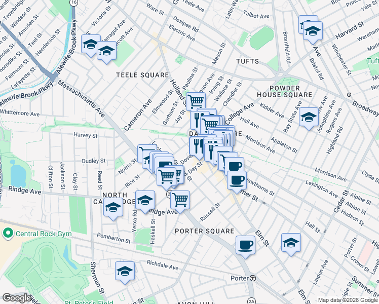 map of restaurants, bars, coffee shops, grocery stores, and more near 88 Dover Street in Somerville