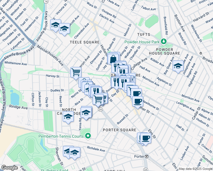 map of restaurants, bars, coffee shops, grocery stores, and more near 155 Orchard Street in Somerville