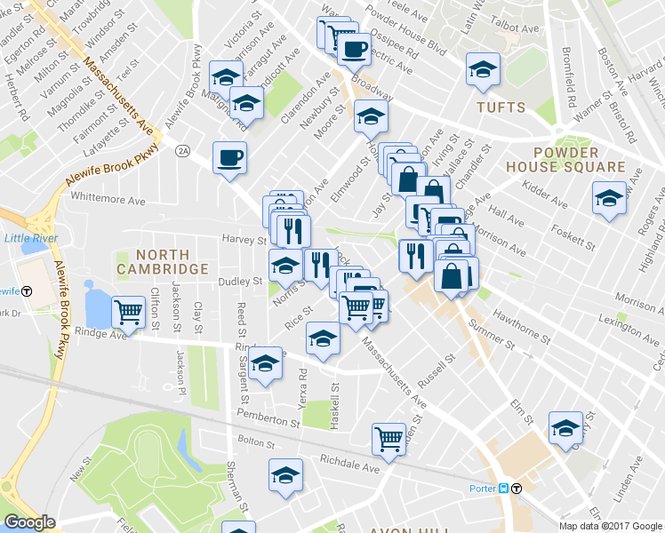 map of restaurants, bars, coffee shops, grocery stores, and more near 9 Locke Street in Cambridge