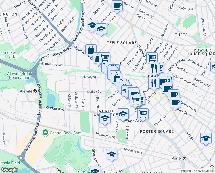 map of restaurants, bars, coffee shops, grocery stores, and more near 22 Dudley Street in Cambridge