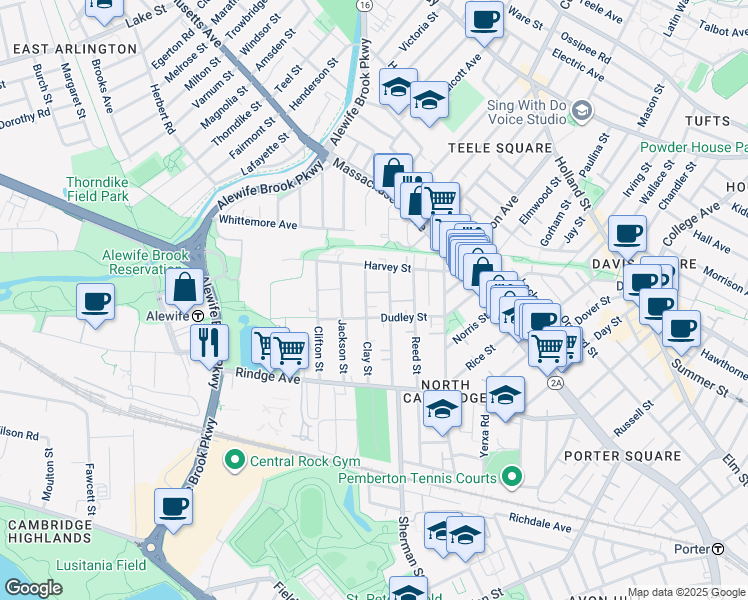 map of restaurants, bars, coffee shops, grocery stores, and more near 133 Dudley Street in Cambridge