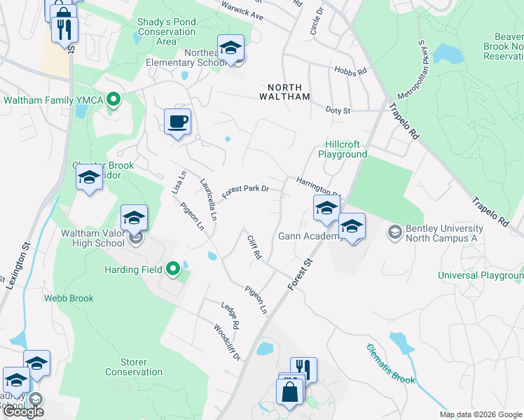 map of restaurants, bars, coffee shops, grocery stores, and more near 137 Harrington Road in Waltham