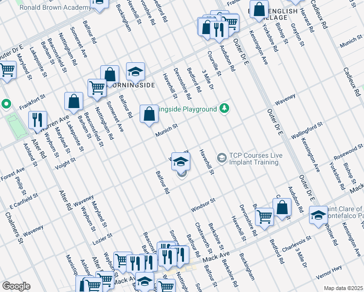 map of restaurants, bars, coffee shops, grocery stores, and more near 4303 Buckingham in Detroit
