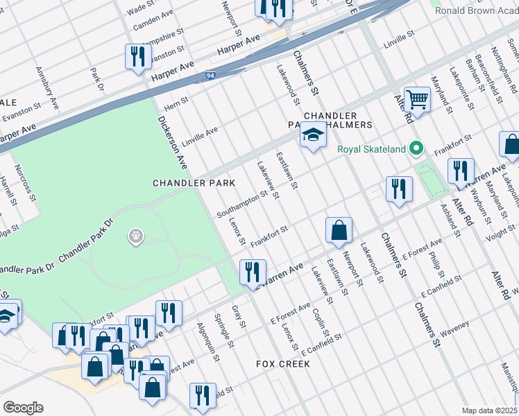 map of restaurants, bars, coffee shops, grocery stores, and more near 5278 Drexel Street in Detroit