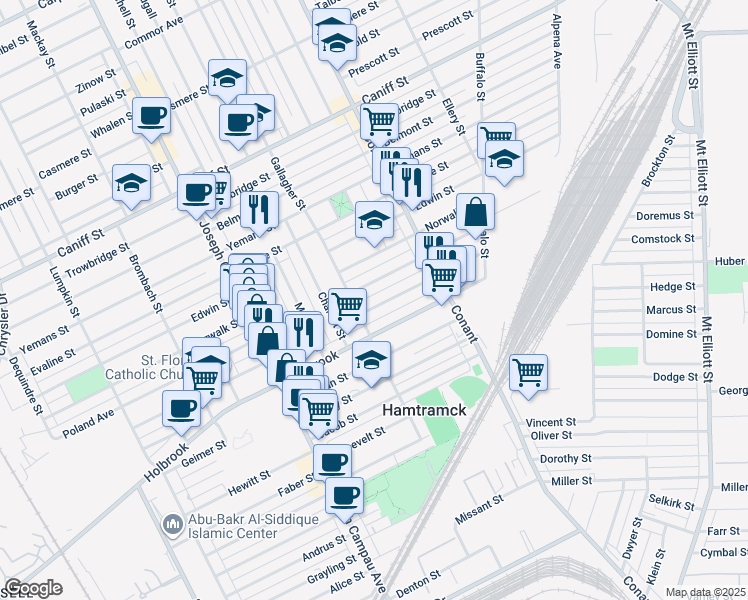 map of restaurants, bars, coffee shops, grocery stores, and more near 3319 Comstock Street in Hamtramck