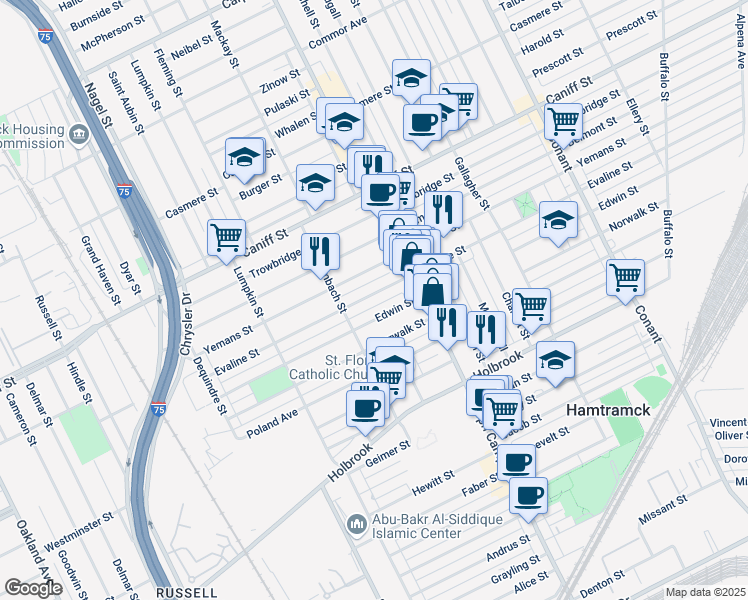 map of restaurants, bars, coffee shops, grocery stores, and more near 2669 Edwin Street in Hamtramck