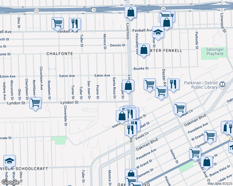 map of restaurants, bars, coffee shops, grocery stores, and more near 14538 Santa Rosa Drive in Detroit