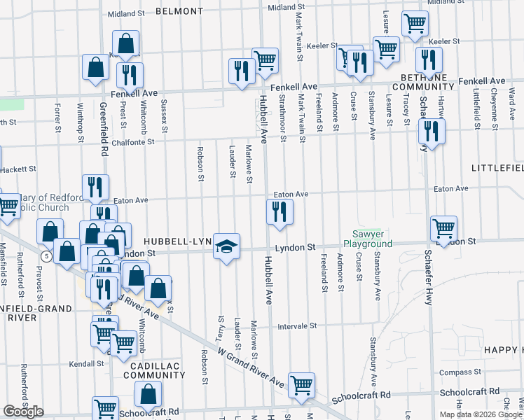 map of restaurants, bars, coffee shops, grocery stores, and more near 14600 Hubbell Avenue in Detroit