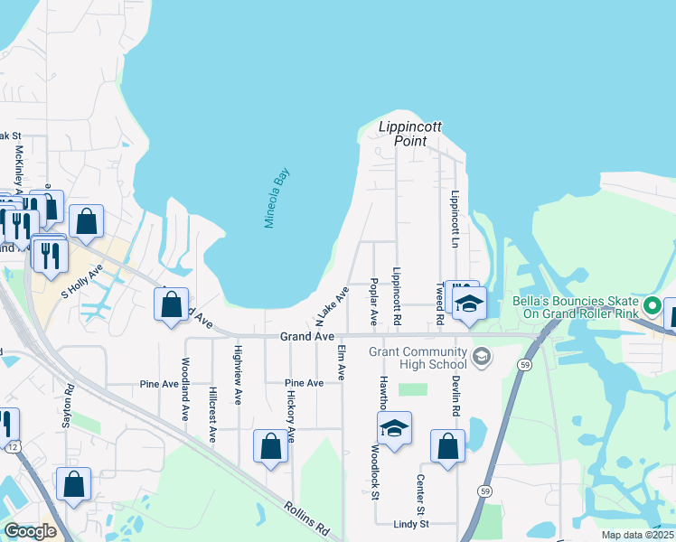 map of restaurants, bars, coffee shops, grocery stores, and more near 24 North Lake Avenue in Fox Lake
