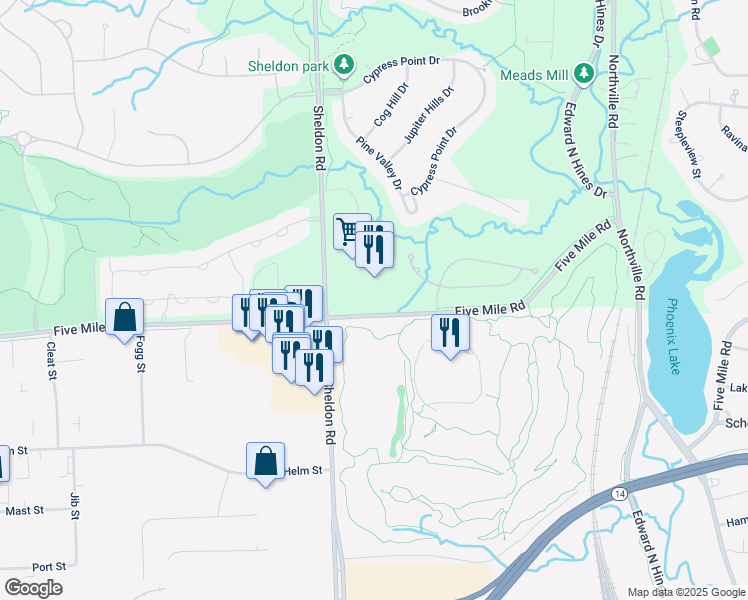 map of restaurants, bars, coffee shops, grocery stores, and more near 44190 Five Mile Road in Township of Northville
