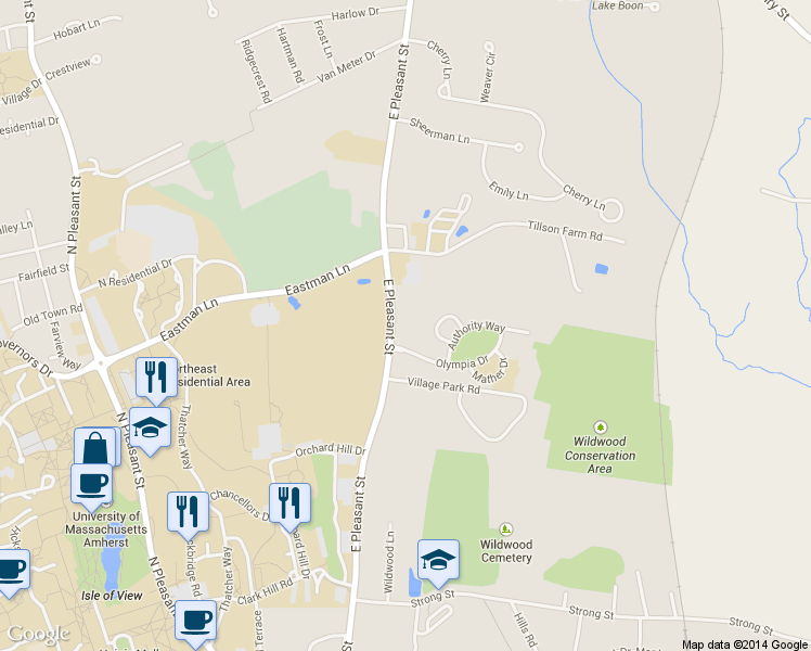 map of restaurants, bars, coffee shops, grocery stores, and more near 515 East Pleasant Street in Amherst