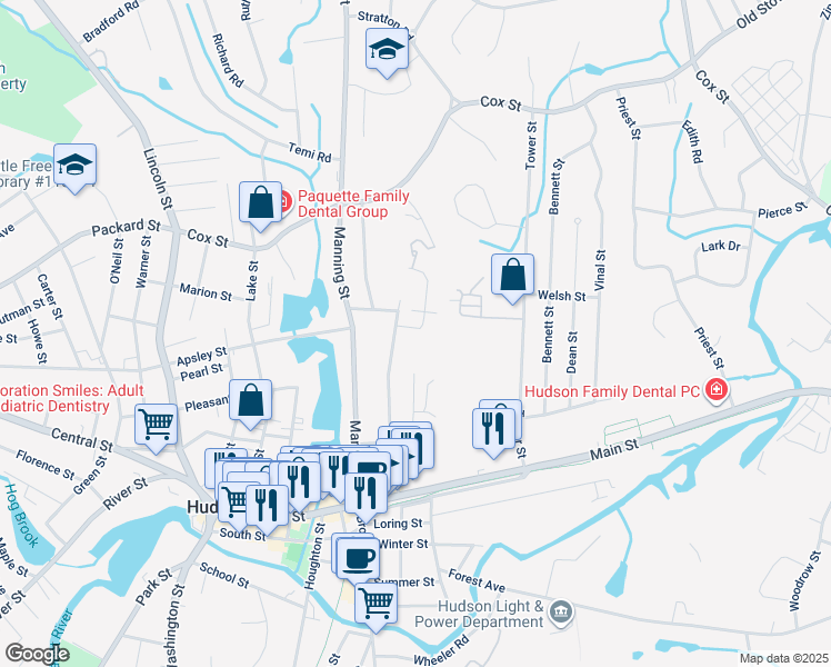 map of restaurants, bars, coffee shops, grocery stores, and more near 9 East Street in Hudson