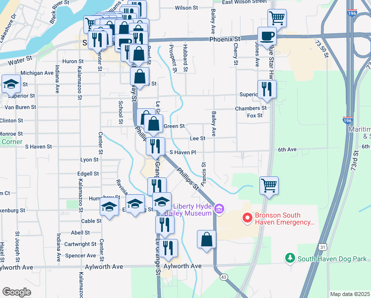 map of restaurants, bars, coffee shops, grocery stores, and more near 765 South Haven Place in South Haven