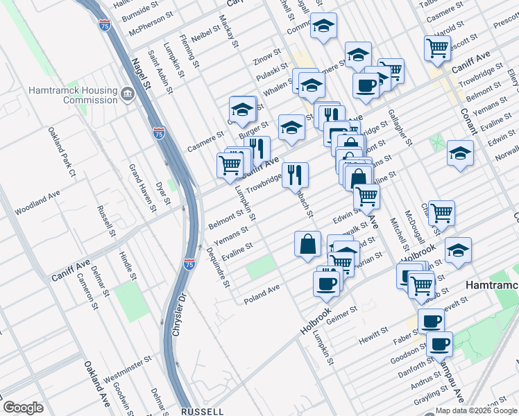 map of restaurants, bars, coffee shops, grocery stores, and more near 2225 Yemans Street in Hamtramck