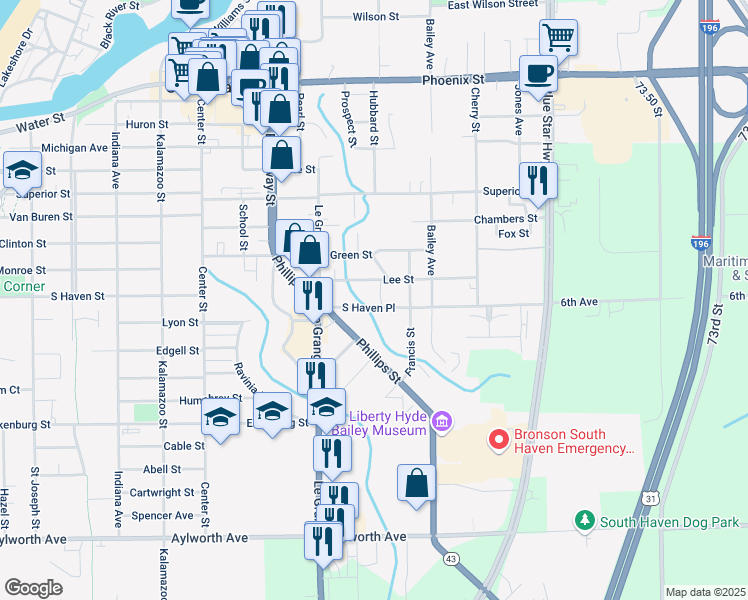 map of restaurants, bars, coffee shops, grocery stores, and more near 765 South Haven Place in South Haven