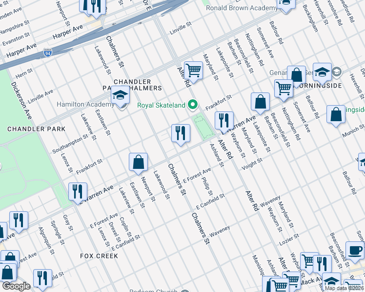 map of restaurants, bars, coffee shops, grocery stores, and more near 14535 East Warren Avenue in Detroit