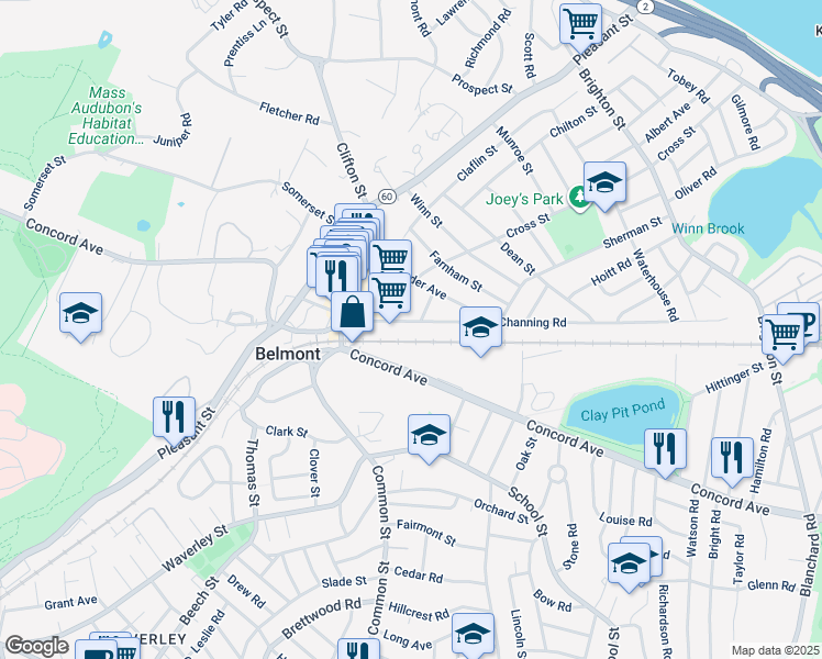 map of restaurants, bars, coffee shops, grocery stores, and more near 61-63 Channing Road in Belmont