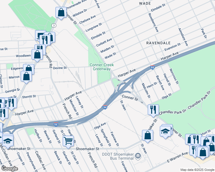 map of restaurants, bars, coffee shops, grocery stores, and more near 6104 Beniteau Street in Detroit