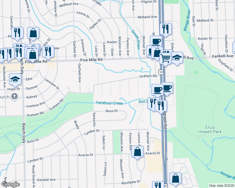 map of restaurants, bars, coffee shops, grocery stores, and more near 14989 Winston in Redford Charter Township