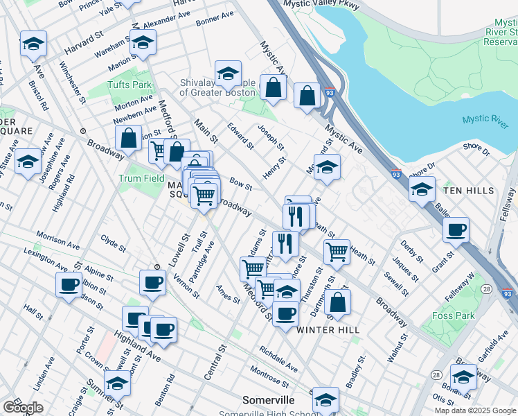map of restaurants, bars, coffee shops, grocery stores, and more near 427A Broadway in Somerville