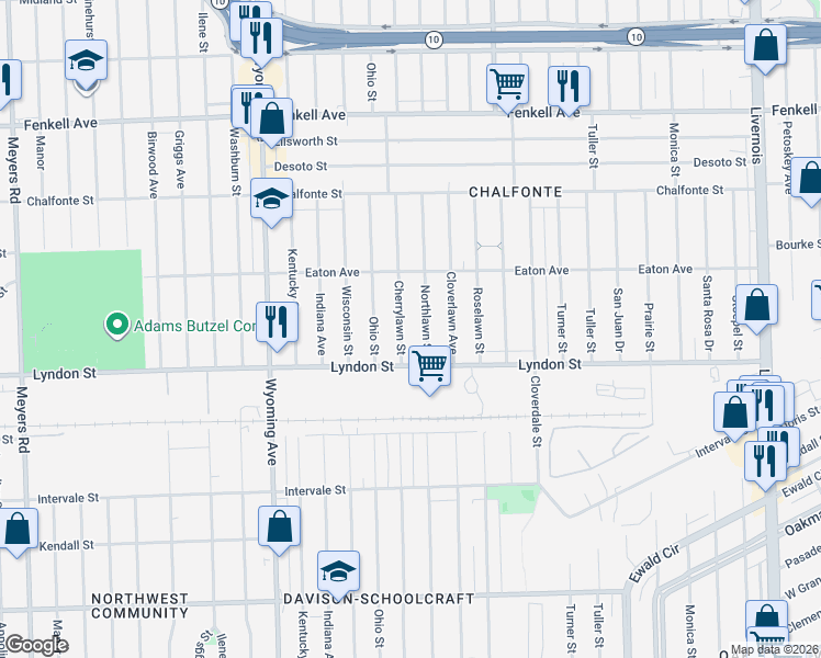 map of restaurants, bars, coffee shops, grocery stores, and more near 14546 Cherrylawn Street in Detroit