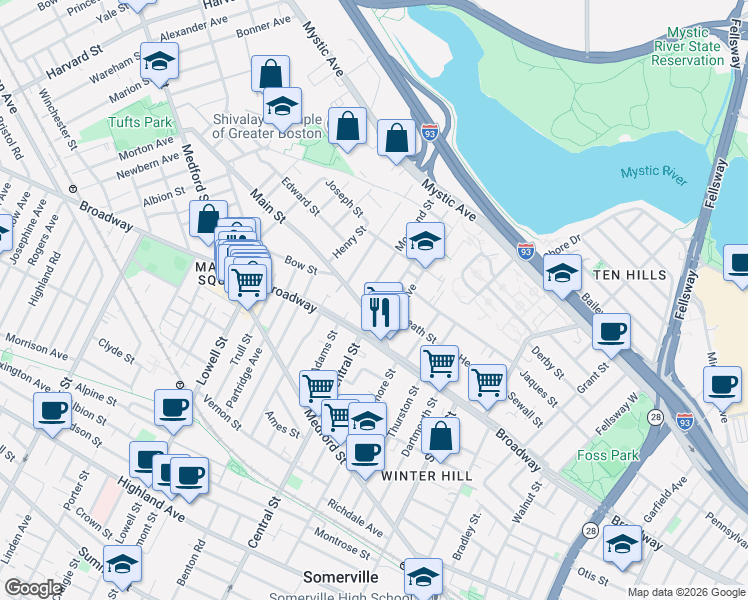 map of restaurants, bars, coffee shops, grocery stores, and more near 29 Main Street in Somerville