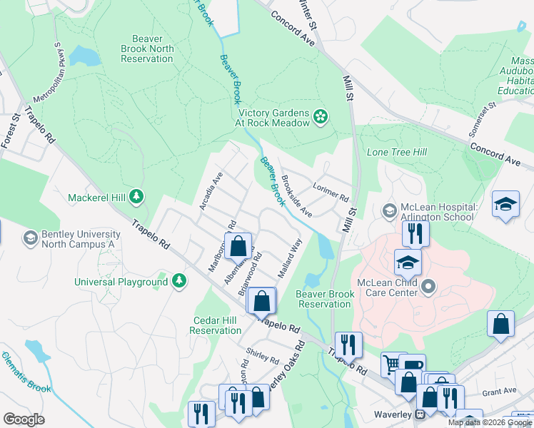 map of restaurants, bars, coffee shops, grocery stores, and more near 99 Albemarle Road in Waltham