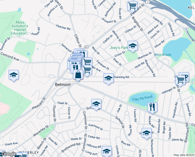 map of restaurants, bars, coffee shops, grocery stores, and more near 77 Channing Road in Belmont