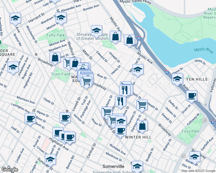 map of restaurants, bars, coffee shops, grocery stores, and more near 427A Broadway in Somerville