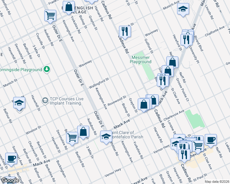 map of restaurants, bars, coffee shops, grocery stores, and more near 3829 Bishop Street in Detroit