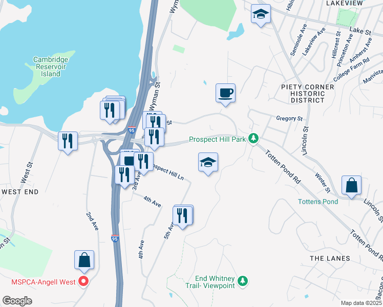 map of restaurants, bars, coffee shops, grocery stores, and more near 450 Totten Pond Road in Waltham
