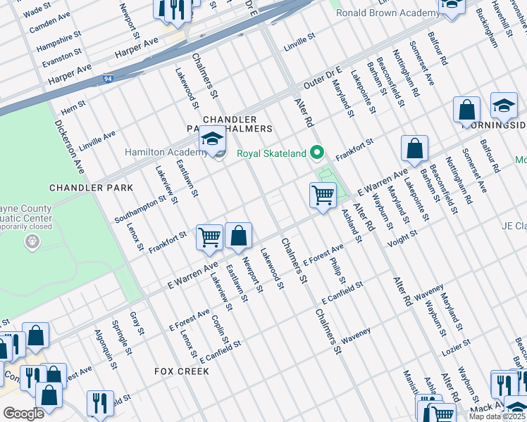 map of restaurants, bars, coffee shops, grocery stores, and more near 5075 Chalmers Street in Detroit