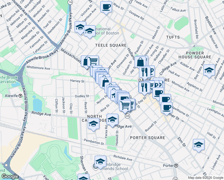 map of restaurants, bars, coffee shops, grocery stores, and more near 12 Shea Road in Cambridge