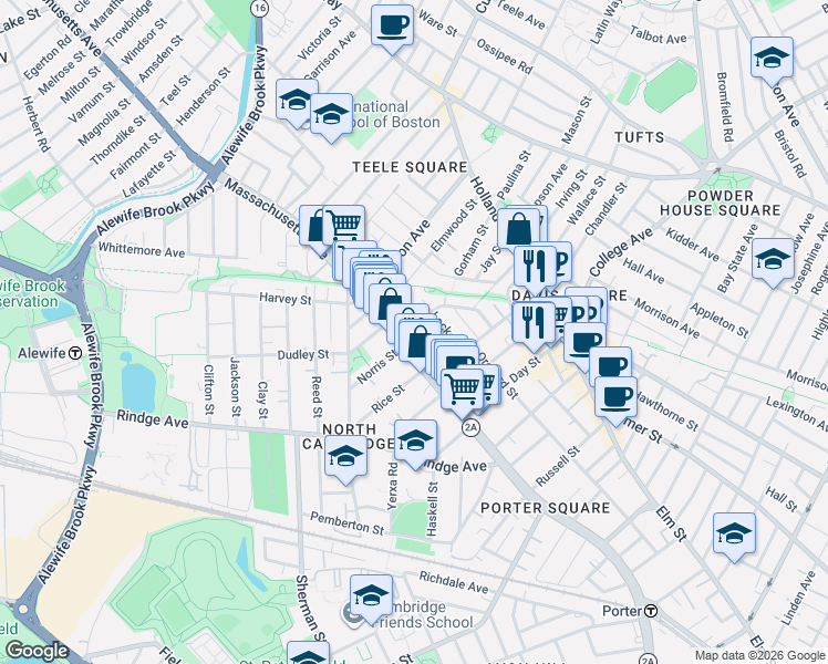 map of restaurants, bars, coffee shops, grocery stores, and more near in Cambridge