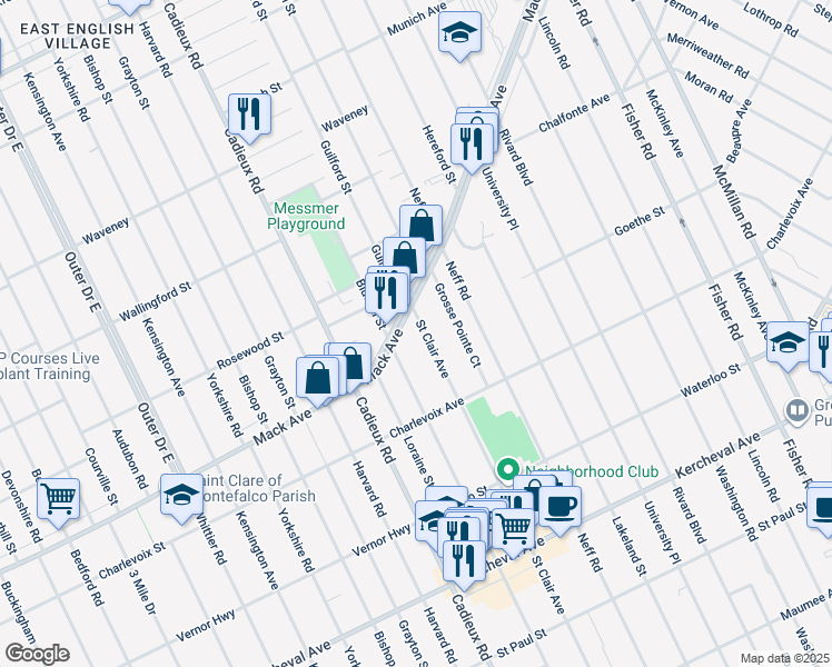 map of restaurants, bars, coffee shops, grocery stores, and more near 887 Saint Clair Avenue in Grosse Pointe